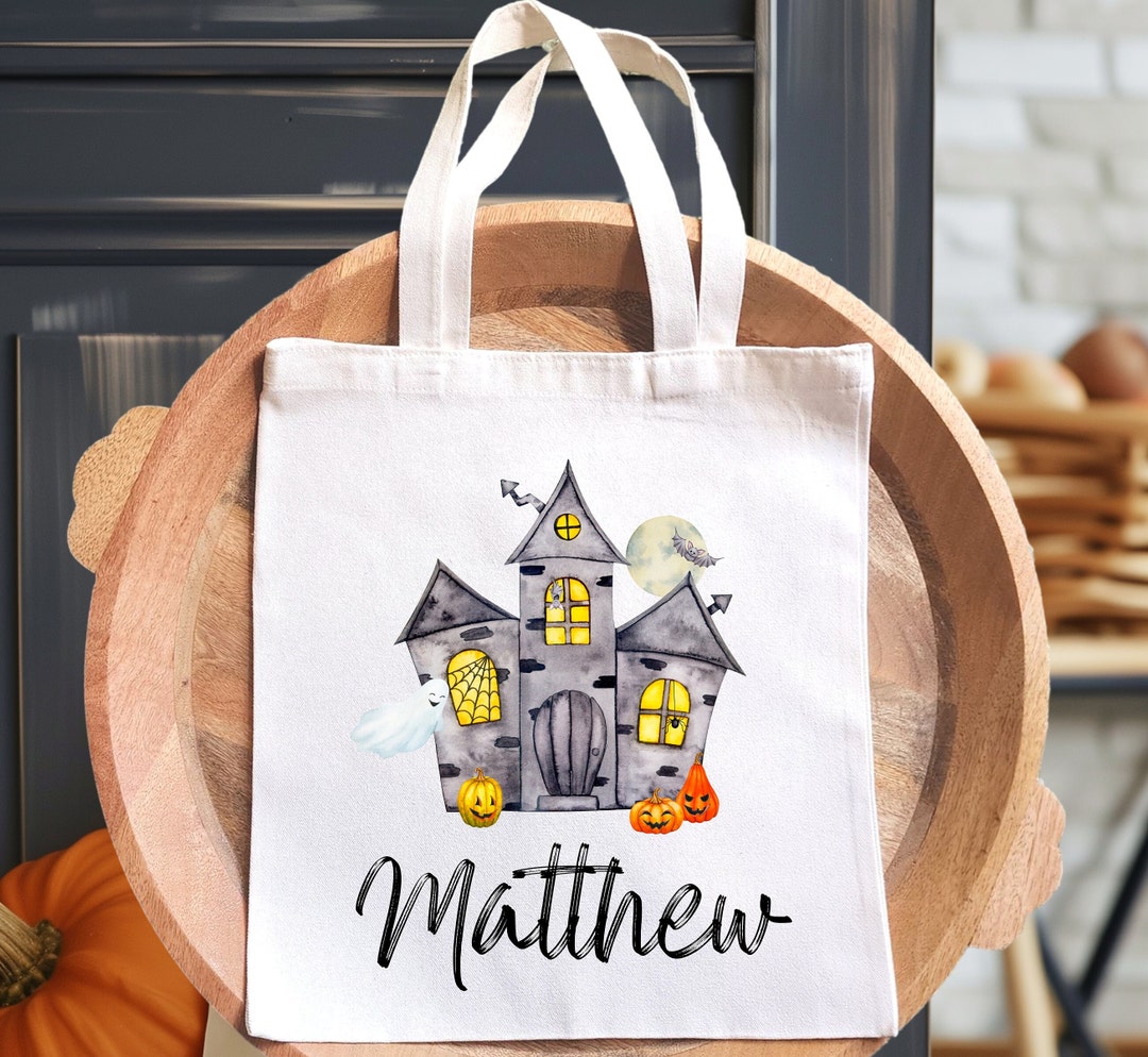 Custom Halloween Tote Bag, Haunted House Trick or Treat Candy Bag for ...