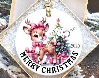 Pink Reindeer Christmas Ornament, Custom Reindeer Ornament, Personalized Gift for Girl, Pink Christmas, Girly Xmas Tree Decor, Gift for Her