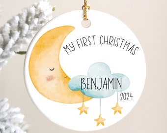 My First Christmas Ornament, Moon and Stars, Baby's 1st Christmas, Night Sky, Personalized, New Baby, Birth Year, Name on Ornament, 1st year
