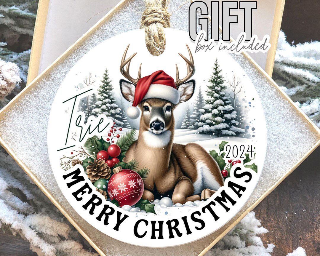 Custom Christmas Deer Hunter Ornament, Whitetail Buck, Custom Name on