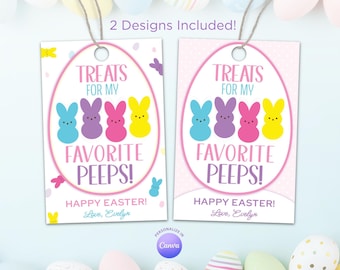 May include: Two printable Easter gift tags featuring a pink and white egg design with the text "Treats for my favorite peeps!" and "Happy Easter! Love, Evelyn".