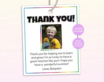 Editable Teacher Appreciation Tags Bundle with Custom Photo, Gift for Teacher, Thank you notes, card with picture, printable Canva Template