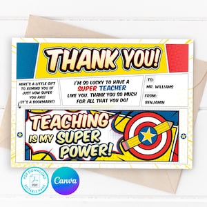 Super Lehrer Dankeskarte & Lesezeichen zum ausdrucken! Super Lehrer Wertschätzung, Einzigartige Geschenkidee für Lehrer, Superheld, Ende des Schuljahres, pdf