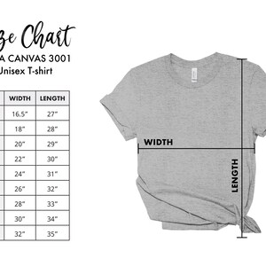 Puede incluir: Una camiseta unisex Bella Canvas 3001 gris claro con una tabla de tallas. La tabla enumera las tallas XS a 5XL, con las medidas de ancho y largo en cent&iacute;metros. La camiseta est&aacute; plana, con indicadores de ancho y largo.