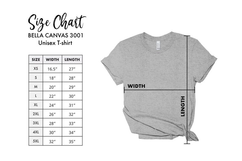 Puede incluir: Una camiseta unisex Bella Canvas 3001 gris claro con una tabla de tallas. La tabla enumera las tallas XS a 5XL, con las medidas de ancho y largo en cent&iacute;metros. La camiseta est&aacute; plana, con indicadores de ancho y largo.