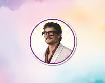 May include: A circular sticker featuring a stylized illustration of a man with dark hair, glasses, and a mustache. The image is set against a background of radiating yellow lines within a purple-bordered circle.