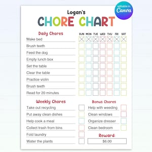 Editable Kids Daily Chore Chart, Printable Cleaning Chart, Weekly Responsibility Chart, Allowance Tracker, Kids Room Decor, Boys, Canva PDF