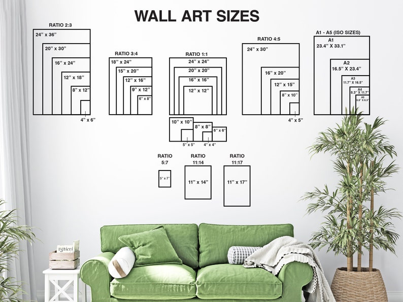 K&ouml;nnte beinhalten: Wandkunst-Gr&ouml;&szlig;en&uuml;bersicht mit verschiedenen rechteckigen Rahmenma&szlig;en in Zentimetern, darunter 61 x 91 cm, 51 x 76 cm und 41 x 61 cm. Die &Uuml;bersicht wird &uuml;ber einem gr&uuml;nen Sofa angezeigt.