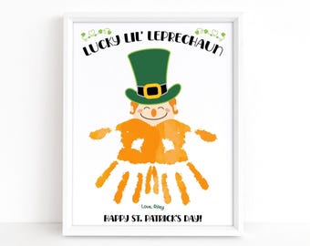 Lucky Kobold Handabdruck Kunst druckbares Geschenk, St Patrick's Day Handabdruck Handwerk, Glücksbringer Andenken, niedliches Handabdruck Handwerk für Kinder