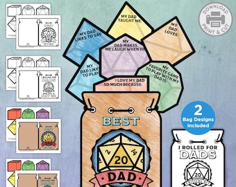 May include: Printable craft for kids to make a card for their gamer dad. The card features a brown bag with a 20-sided die that says "Best Dad Ever". There are two designs included, one with a bag and one with a die.
