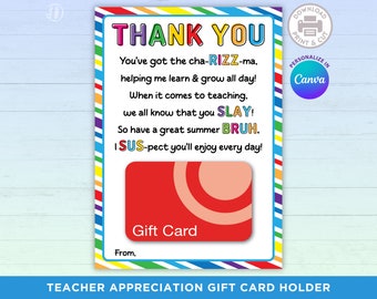 Funny Teacher Appreciation Gift Card Holder, Printable 5x7 Thank you card for end of the school teacher gift, Poem for teacher, Bruh we out