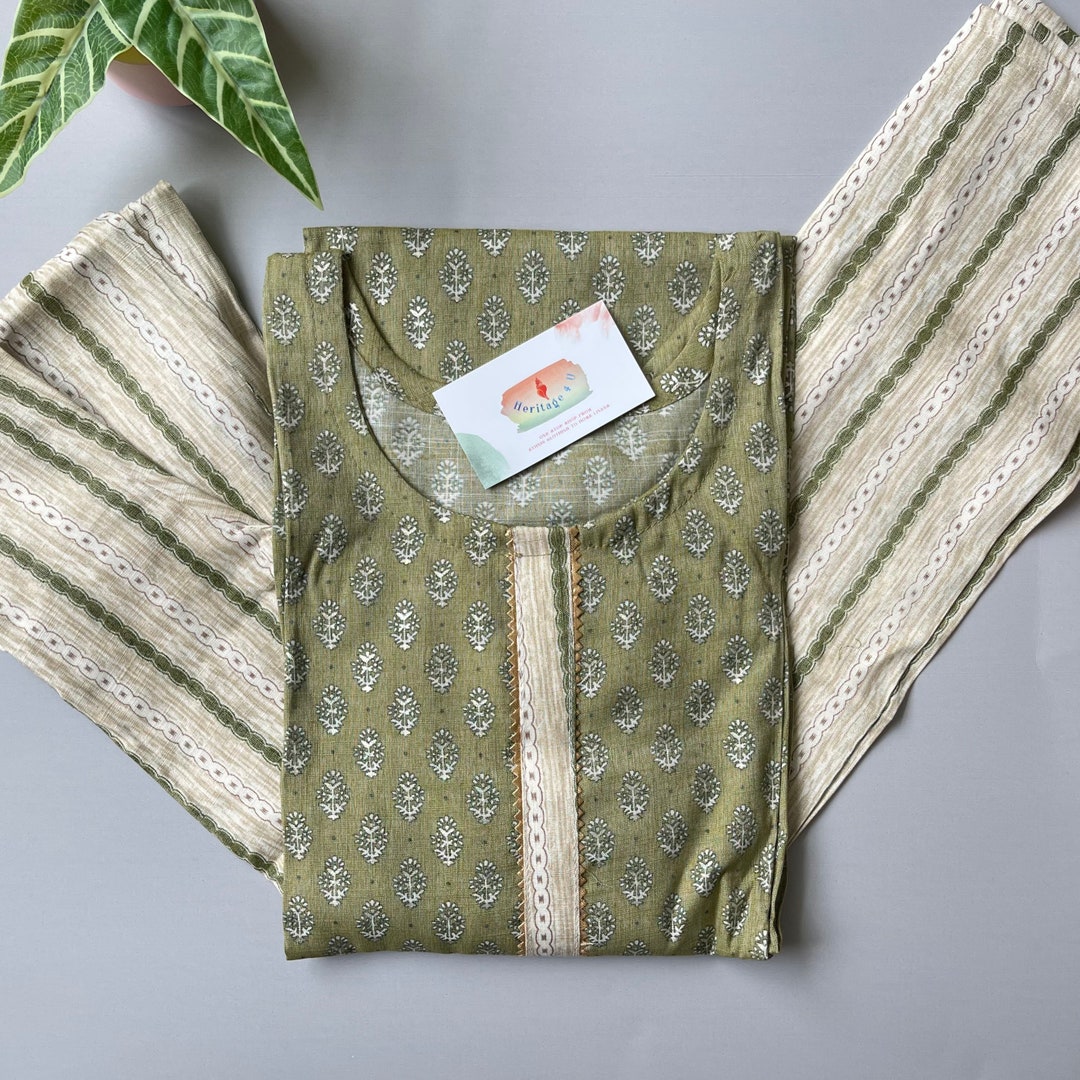 Green Cotton Hand Block Printed Kurta Pant Set With Dupatta