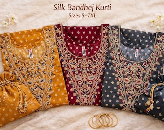 Bandhej Silk Kurti for Women | Embroidered Indian Tunic S–7XL