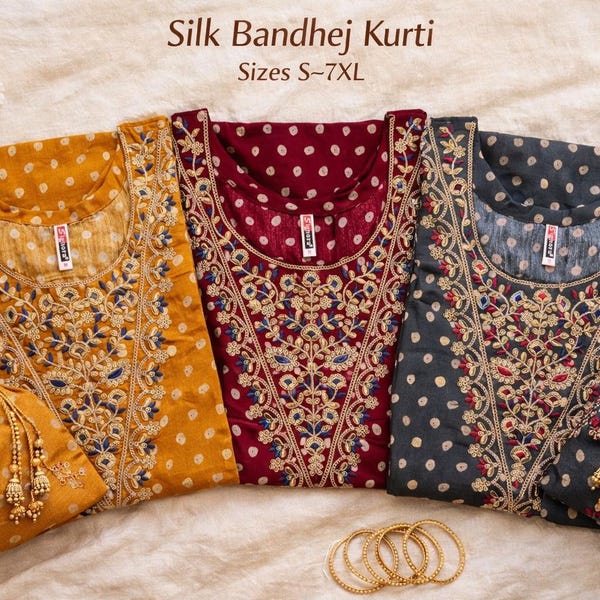 Bandhej Silk Kurti for Women | Embroidered Indian Tunic S–7XL