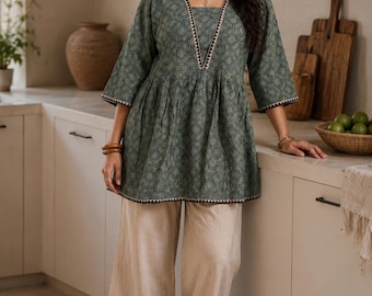 Block Print Cotton Tunic | Boho Kurti Top | Sizes M–3XL