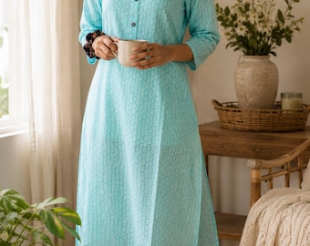 Baby Blue Printed Cotton Kurta | Lightweight Indian Kurti for Women | Casual Summer Tunic