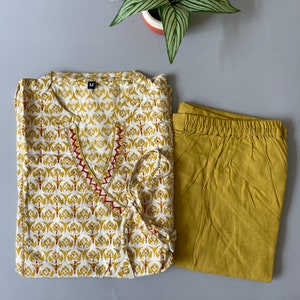 Mustard Block Print Cotton  Kurta Pant set