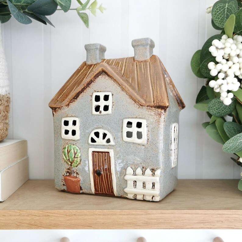 Grey Garden House Tea Light Holder, Decorative Cottage Tealight Holder