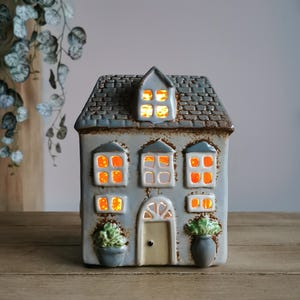 Ceramic Cottage House Tealight Holder | Garden House Dormer Grey