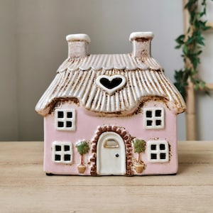 Pink Thatched Cottage House Tea Light Holder