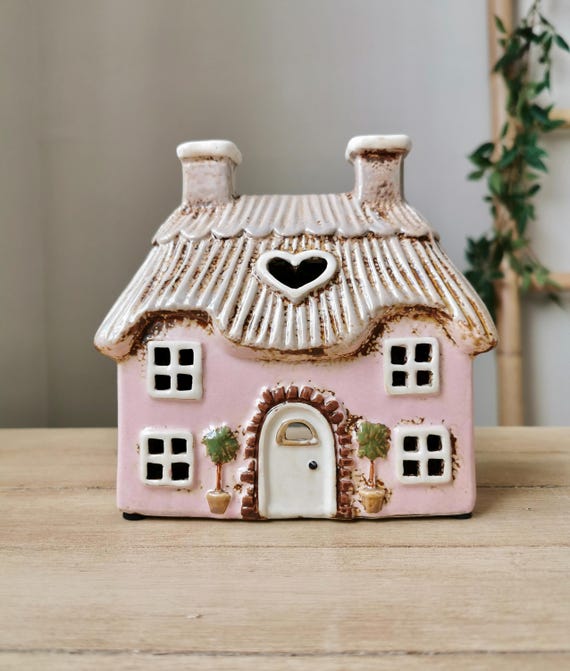 Pink Thatched Cottage House Tea Light Holder