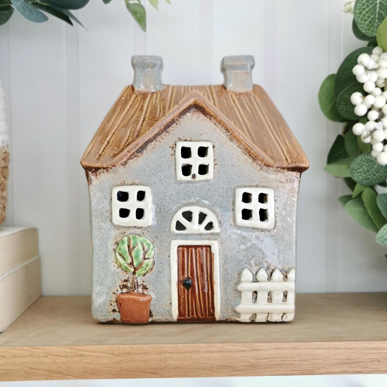 Grey Garden House Tea Light Holder, Decorative Cottage Tealight Holder