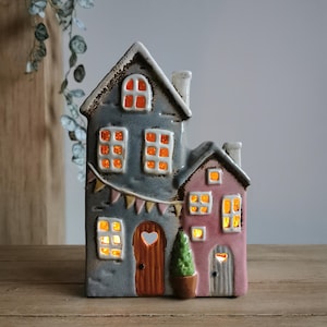 IMPERFECT Large Double Ceramic House Tea Light Holder With Bunting