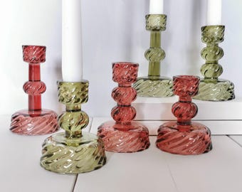 Glass Candlestick Holder, Taper Candle Holder, Autumn Dinner Candle Holders, Wedding Table Decor, Green or Wine, 3 Sizes