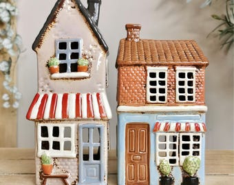 IMPERFECT Ceramic House Tea Light Holder, Decorative Awnings, 2 Options
