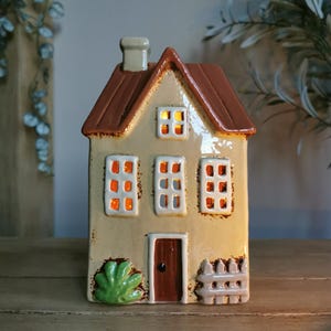 Ceramic House TeaLight Holder, Cottage House Ornament with Picket Fence