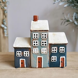 Ceramic House Tealight Holder, Grey Navy 3 Houses