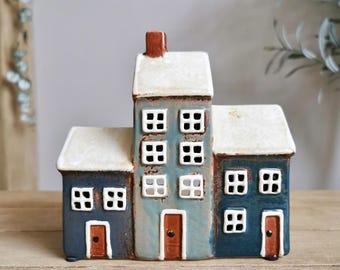 Ceramic House Tealight Holder, Grey Navy 3 Houses