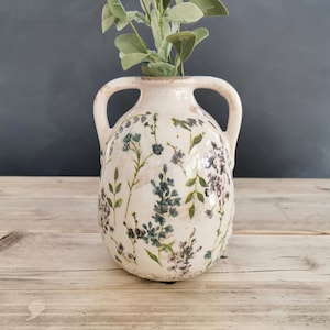 IMPERFECT Rustic Vase, Decorated Distressed Floral Urn Vase With Handles, Home Decor