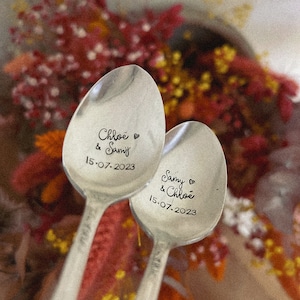 DUO of small vintage spoons engraved by hand - personalized - Birth, wedding gift