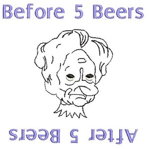 Könnte beinhalten: Eine Schwarzweiß-Zeichnung eines Gesichts, mit dem Text "Before 5 Beers" über dem Bild und "After 5 Beers" unter dem Bild.