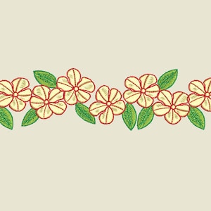 May include: A border of white flowers with red centres and green leaves. The flowers are arranged in a row and are evenly spaced.