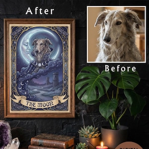 Retrato personalizado de la carta del tarot de tu mascota, arte del perro del sol, regalo de bruja para amantes de los gatos, memorial místico para mascotas, impresión digital divertida, arte de la baraja del tarot, estilo bohemio.