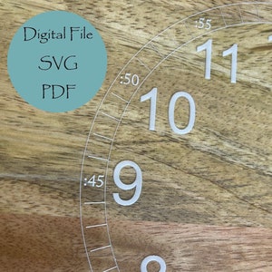 May include: A wooden clock face with white numbers 10, 11, and 12. The clock face is on a wooden background. The text "Digital File SVG PDF" is in a blue circle in the upper left corner of the image.