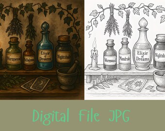 Witchy Apothecary Wall Art Set – Vintage Black and White - Color, Elixir & Potion Bottles, Digital Download JPG