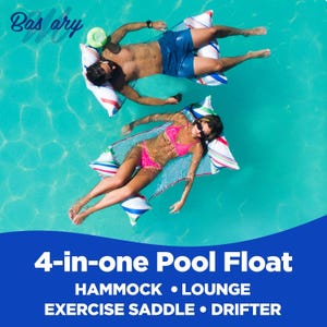 May include: Aerial view of two people relaxing on pool floats in turquoise water. The floats are striped with white, red, and blue pillows. The image includes the text "4-in-one Pool Float: HAMMOCK • LOUNGE • EXERCISE SADDLE • DRIFTER."