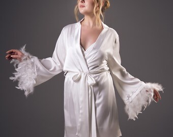 Bridal robe long Feather robe short Getting ready kimono for wedding morning