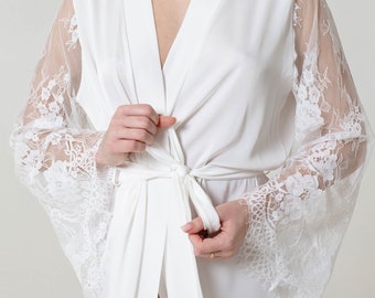 Bridal robe long with lace sleeves White getting ready robe for wedding morning
