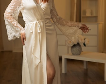 Bridal robe long lace Bride getting ready outfit Silk robe women