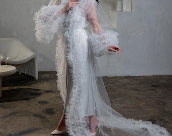 Ruffled robe for Getting ready Bridal long sheer robe