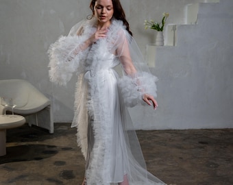 Bridal robe with train Tulle bridal robes Sheer ruffle long kimono for getting ready