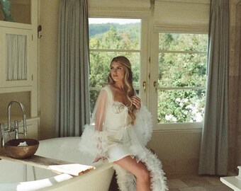 Tulle boudoir robe Dramatic bridal getting ready outfits Sheer long robe
