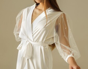 Feminine robe bridal Pearl bride robe White long kimono dressing gown