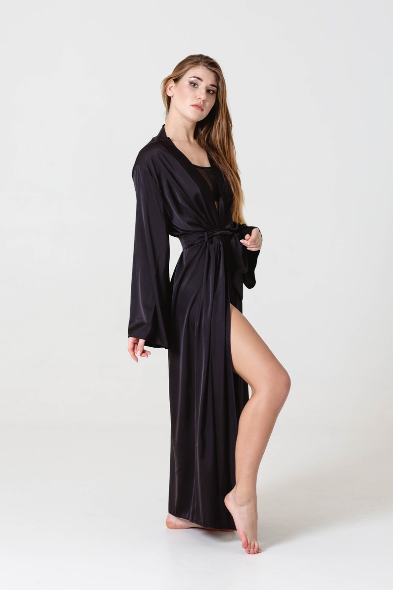 Black Robe Long for Bridesmaids Gothic Boudoir Kimono Robe Women's ...