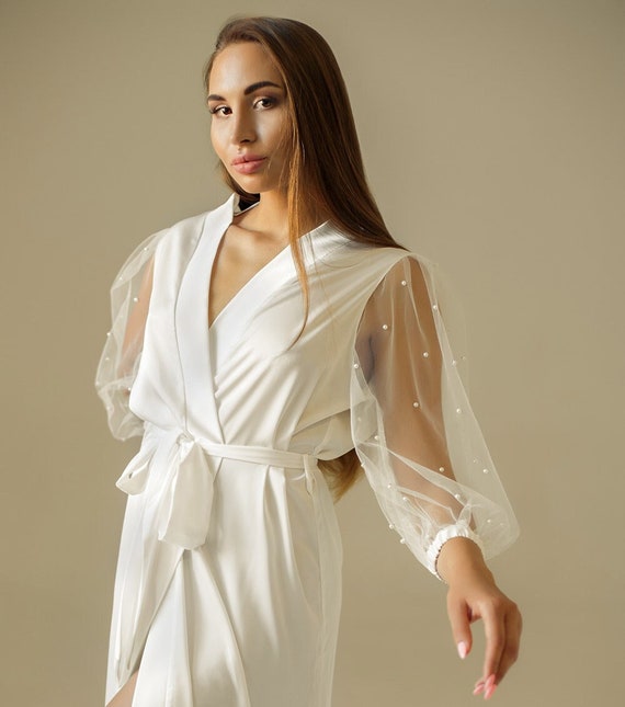 Bridal Robe Long With Pearls Bride Silk Kimono White or Black Boudoir Satin  Robes 30th Birthday Gift for Women With Tulle 
