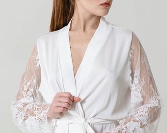 Bride getting ready outfit Wedding morning robe Bridal lace dressing gown